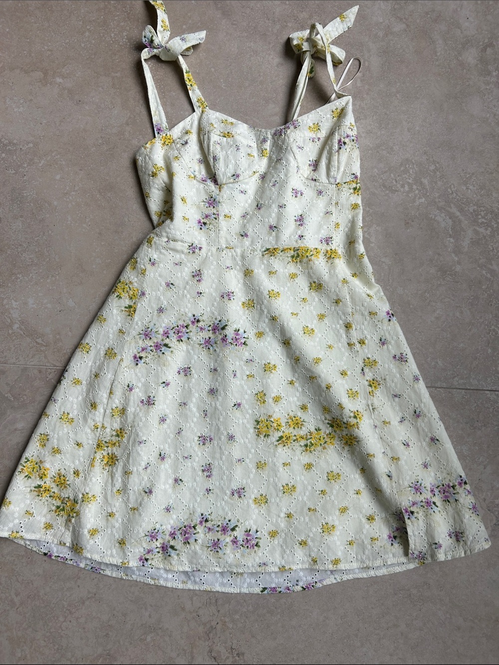 Steve Madden Floral Eyelet Tie-Strap Sundress in Yellow & Lavender